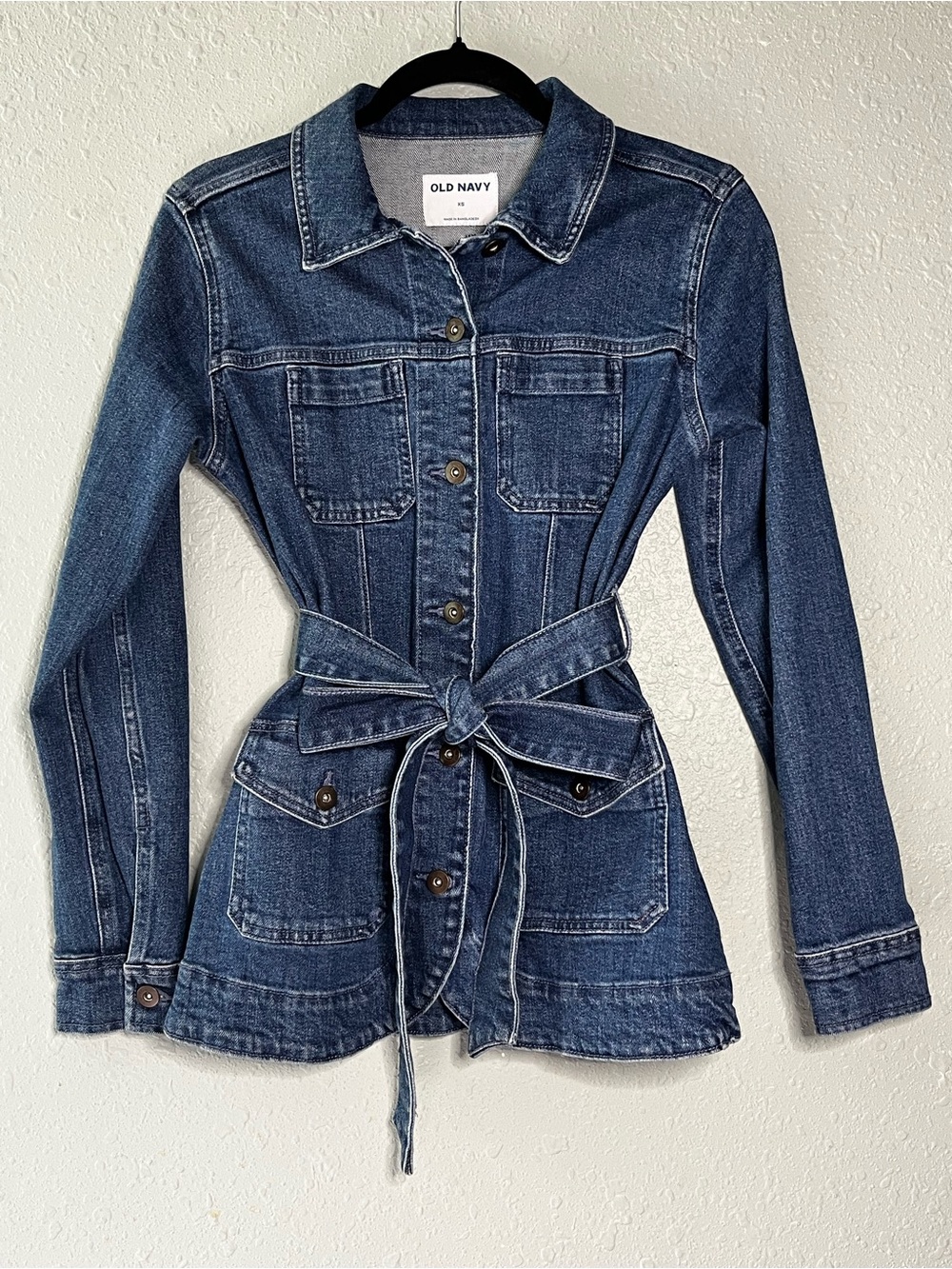 Old Navy Denim Belted Utility Jacket‎ XS Blue Button Front Pockets Casual
